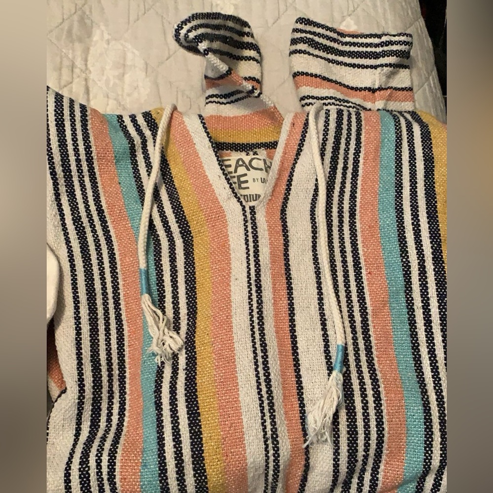 Blue and Yellow Striped Hoodie with Textured Knit